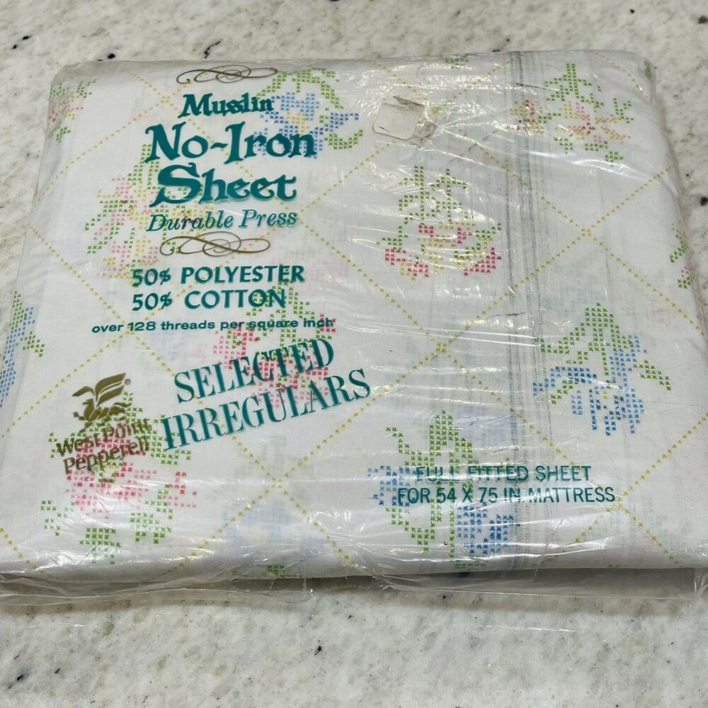Vtg West Point Pepperell Full Fitted Sheet Floral cross stitch no Iron Muslin